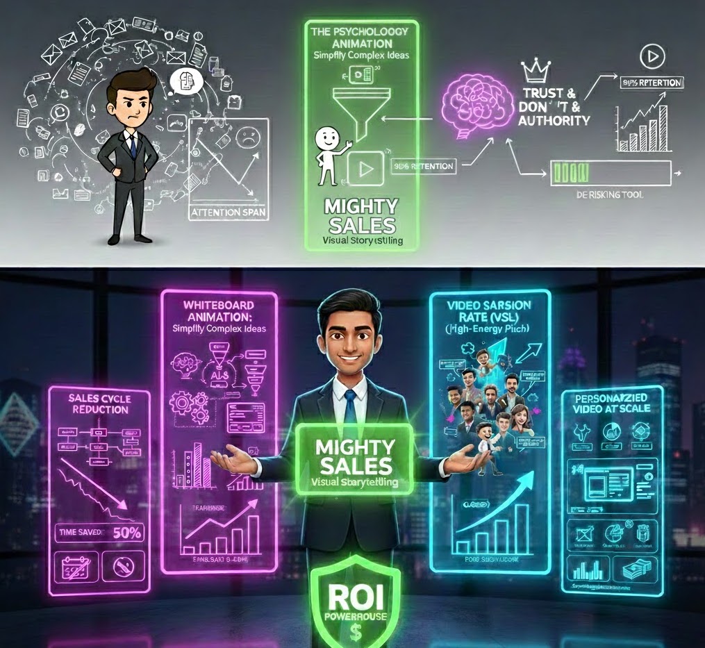 A strategic infographic showing the Mighty Sales Video ecosystem, detailing the psychology of animation, sales cycle reduction, and ROI powerhouse metrics for high-ticket marketing.