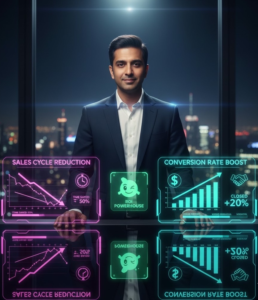 A high-tech digital dashboard for Mighty Sales Video, showcasing a 50% sales cycle reduction, 20% conversion rate boost, and the 'Triple-Threat' authority framework for high-ticket marketing.