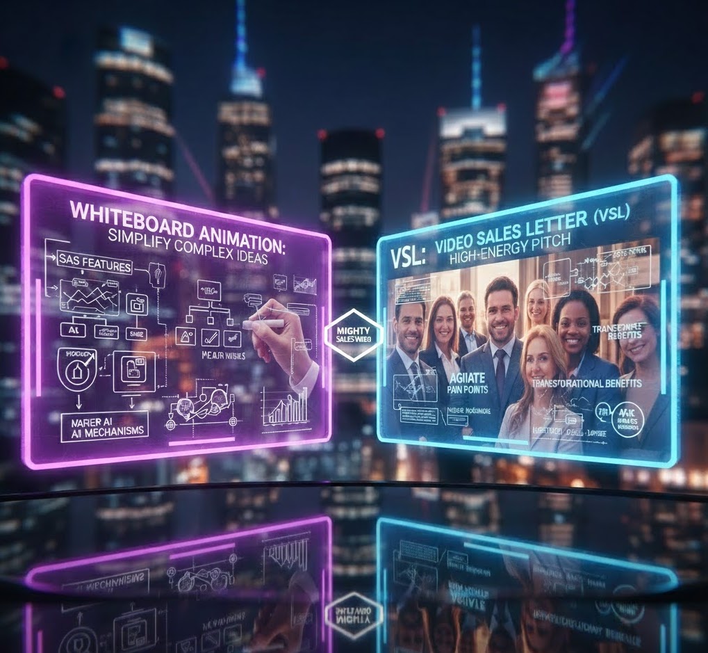 A professional woman presenting a high-tech dashboard for Mighty Sales Video, showcasing a 95% retention rate and a visual funnel for high-ticket marketing strategy.